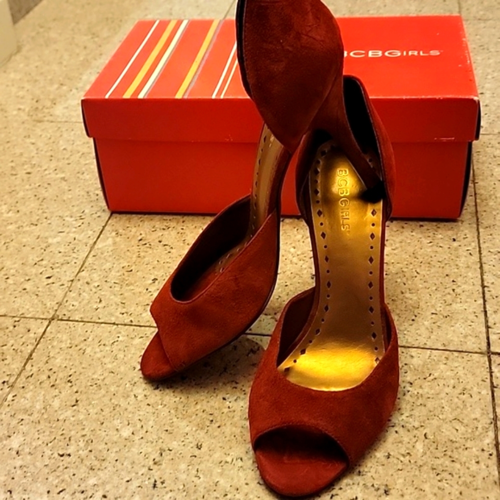 BCBG Deep Cherry Red Suede Peep Toe High Heels Stiletto Shoes